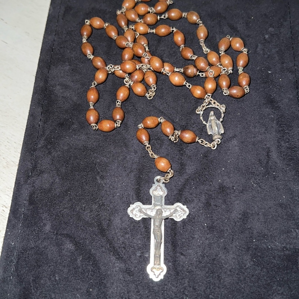 Vintage Silver crucifix cross Italy wood bead rosary
